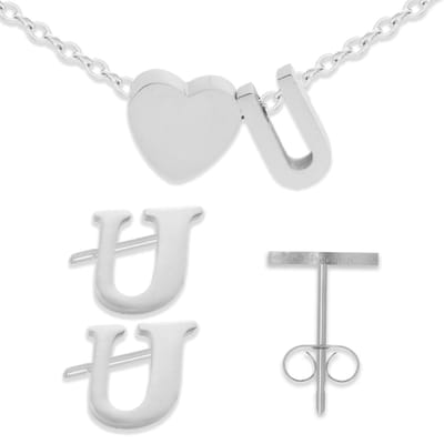 Initiaal Armband & Oorbellen set met Letter U Zilverkleurig - Stainless Steel - Met letter & Hartje! - 2x Sieraden Cadeau - Pax Amare