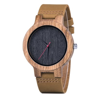 HO23-A26.3 : Houten heren horloge, donkere plaat, leder met pu band, gespsluiting ** KADO edelsteen armband