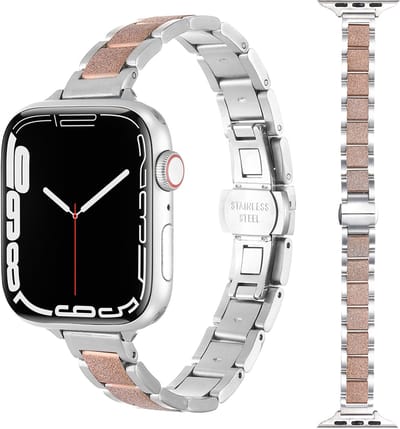 Stravo Slank RVS Horlogebandje met Glinsterende Details – Geschikt voor Apple Watch 42mm (Series 11/10), 41mm (Series 9/8/7), 40mm (Series 6/5/4, SE 1/2/3), 38mm (Series 3/2/1) – Premium RVS Horlogeband – Zilver / Roségoud