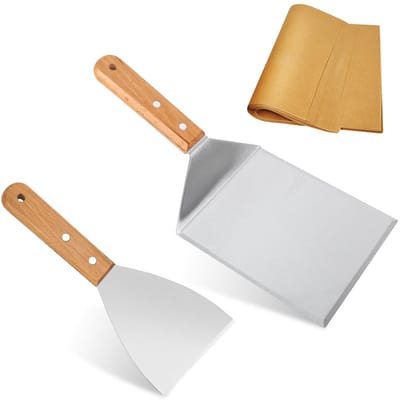 Allecto - Grillspatel - BBQ-gereedschapsset - Houten handvat - Set van 2 - Roestvrij staal - Perfect voor Smash Burgers - Vaatwasserbestendig