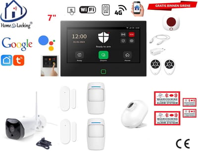 Draadloos / bedraad alarmsysteem met 7-inch touchscreen voor woning/camper/boot/caravan werkt met wifi en sim kaart en met spraakgestuurde apps. (Nederlands of Frans stem en tekst). ST01B-58