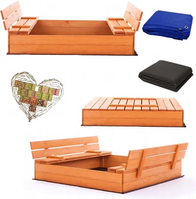 DD® Zandbak met Deksel - Zandbak 120 x 120cm - Speelzand met Ingebouwde bandjes - Inclusief Afdekzeil -Bruin - 116cm x 116cm x 22cm