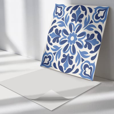 Wallfluent Vinyl Tegels - Bloemen Decoratief Patroon Vinyl Wandtegels - 30 cm x 30 cm - Blauw PVC Tegels - Verpakking van 9 stuks - Vierkant PVC Tegels - Patroon Plaktegels - Wand PVC Tegels - Plaktegels Keuken en Badkamer