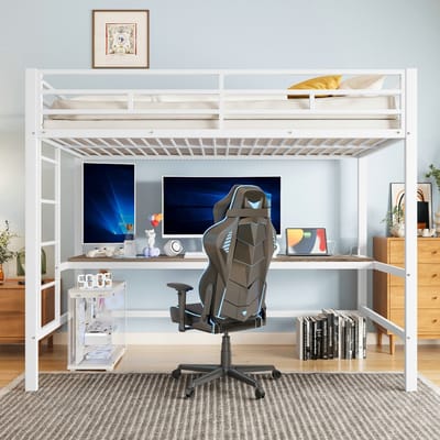VVBV Hoogslaper met LED-Verlichting 90x200 cm - App-bediening, USB & Stopcontact, Bureau - Metaal Wit - Zonder Matras