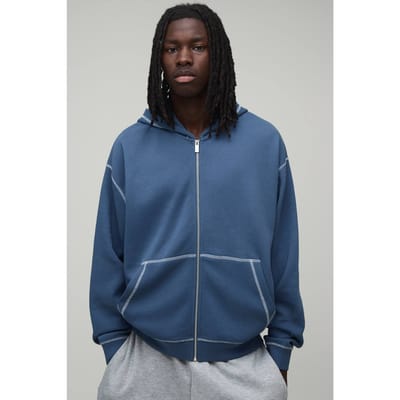 Zwaargewicht Oversized Wafel Hoodie Met Contrasterende Stiksels En Rits | Slate | Size XS