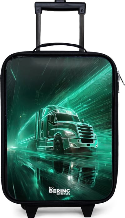 NoBoringSuitcases.com® - Kinderkoffer jongen - Kindertrolley meisje - Vrachtwagen - Neon - Groen - Stad - Koffer kind lichtgewicht - Reiskoffer trolley voor kinderen - Koffertje met lichtgevende wieltjes - Rolkoffer zwart