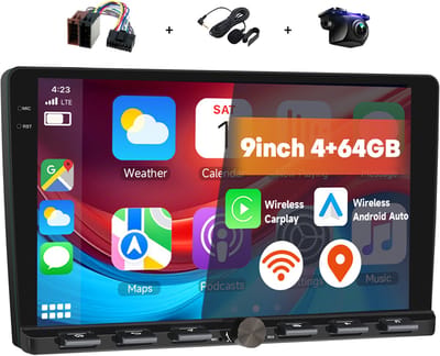 Boscer 2DIN Android 15 Autoradio - 9 inch HD IPS Touchscreen - 4+64GB - Draadloze Apple CarPlay & Android Auto - GPS Navigatie - USB, Bluetooth, WiFi & MP5 - Inclusief Achteruitrijcamera & Microfoon