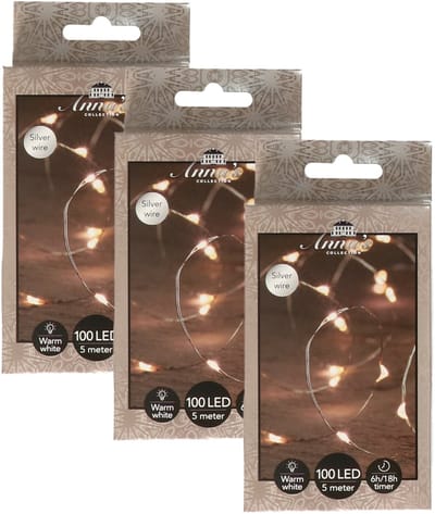 Anna's Collection Draadverlichting - 3x - 100 led lampjes - warm wit - zilver draad - 500 cm - lichtdraad - kerstverlichting lichtsnoe