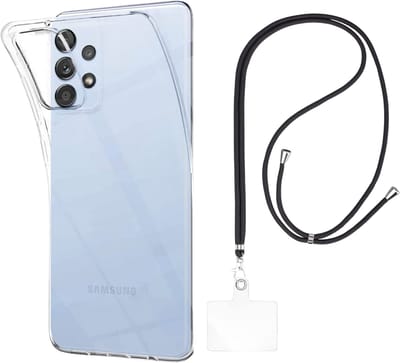 Set met hoesje en nekband voor Samsung Galaxy a73 5g - Flexibele, transparante TPU-bescherming, verstelbare universele nekband voor mobiele telefoons, zwarte nekband, transparante draagriem van Phonillico®