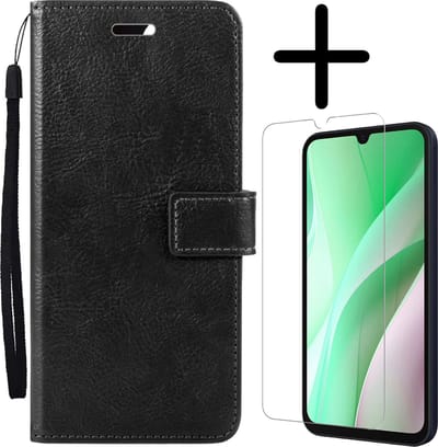 Hoesje Met Screenprotector - Geschikt voor Samsung Galaxy A15 - Luxe Pasjeshouder - Bookcase Portemonee - Flip Case - Kunstleer Book Case - Flipcase - Book Cover - Walletcase - Portemonneehoes - Zwart