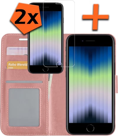 Hoes - Met 2x Screenprotector - Geschikt voor Apple iPhone SE (2022) - Luxe Pasjeshouder - Bookcase Portemonee - Flip Case - Kunstleer Book Case - Flipcase Hoes - Book Cover - Walletcase - PortemonneeHoes - Rosé goud