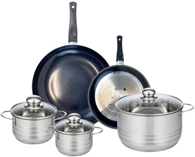Set van 2 Koekenpannen 24 en 32 cm en 3 kookpotten 14, 16 en 24 cm Elo Prima Glanzend