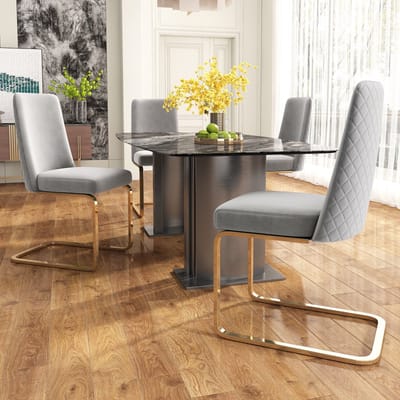 Set van 4 Eetkamerstoelen - Velvet - Eetkamerstoel - Metalen Poten - Golvende textuur op de achterkant - Modern Design - Geschikt voor woonkamer en slaapkamer - Grijs