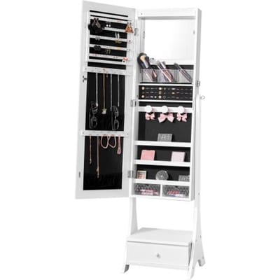 VEVOR Spiegelkast voor Sieraden, Staande Spiegel met Opbergruimte, Afsluitbare Sieradenspiegel Organizer met Spiegel over de Volledige Lengte & Fluwelen Voering & LED Binnenverlichting & Lade, Sieradenkast Wit