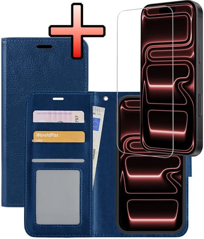 Hoesje - Met Screenprotector - Geschikt voor Apple iPhone 17 Pro - Luxe Pasjeshouder - Bookcase Portemonee - Flip Case - Kunstleer Book Case - Flipcase - Book Cover - Walletcase - Portemonneehoes - Donkerblauw