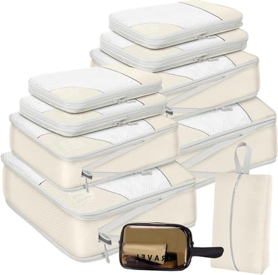 Reis Organizers Set - Pak Tassen - Bagage Opbergen - Ruimtebesparend Compressie - 7 Delig - Beige