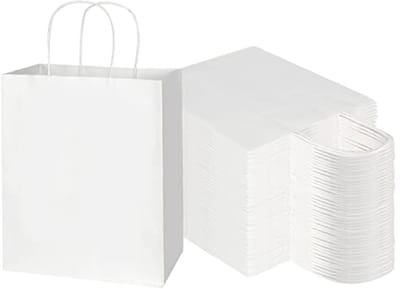 100 Pack Middelgrote Witte Kraftpapieren Zakken met Handvatten - Geschenken, Feest, Winkelen en Craft Merchandise