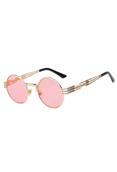 KIMU® Ronde Bril Steampunk Heren - Goud Montuur Rond - Roze Glazen - Sixties Seventies Retro Hippie - Gouden Zonnebril Uv Festival