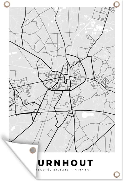 Muurdecoratie Zwart Wit – België – Plattegrond – Stadskaart – Kaart – Turnhout - 120x180 cm - Tuinposter - Tuindoek