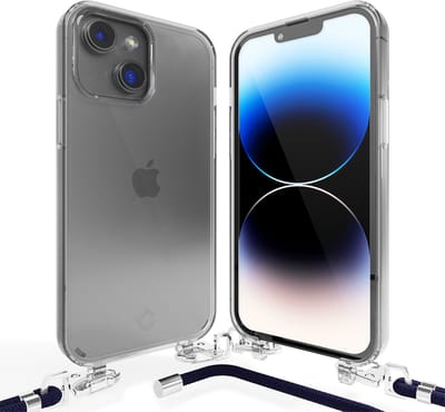 Coverzs telefoonhoesje geschikt voor Apple iPhone 14 Plus transparante case met koord - Telefoonhoesje met koord - Backcover hoesje met koord - touwtje - donkerblauw