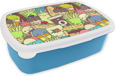 Broodtrommel Blauw - Lunchbox - Brooddoos - Kawaii - Patronen - Fast Food - 18x12x6 cm - Kinderen - Jongen