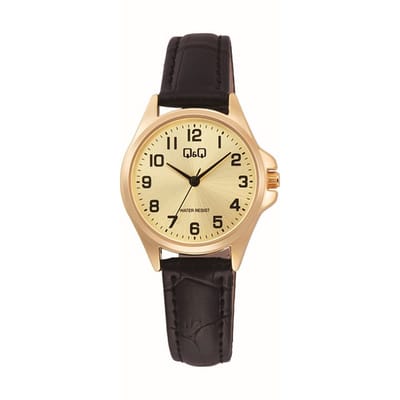 Q&Q C37A-011PY - Horloge - Analoog - Dames - Vrouwen - Leren band - Rond - Metaal - Cijfers - Zwart - Goudkleurig
