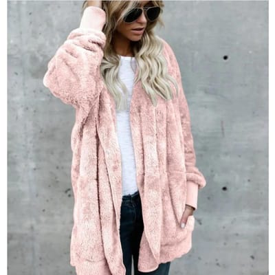 Herfst Winter Dubbel Fleece Vest Jas Dames Effen Kleur Lange Mouw Pluche Warm Met Capuchon Damesjas Oversized Bovenkleding M roze