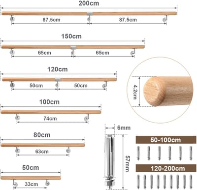 Trapleuning - 50 cm Beuken leuning balkon met metalen deuvels kelder Ronde leuning