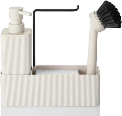 Beige Afwasmiddeldispenser met Zeepdispenser, Afwasborstel, Spons, Spoeldoekhouder, Zeepdispenser Keukenset, Spoelbakorganizer Smal voor Keuken en Badkamer (Beige)