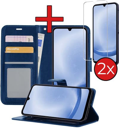 Hoesje - Met 2x Screenprotector - Geschikt voor Samsung Galaxy A25 - Luxe Pasjeshouder - Flip Case - Bookcase Portemonee - Kunstleer Book Case - Flipcase Hoes - Book Cover - Walletcase - Portemonneehoes - Telefoonhoes - Donkerblauw