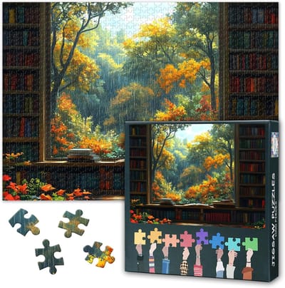 Volwassen Puzzel - 1000 Stukjes - Ontspannende Hobby - Gedetailleerd Landschap - 70x50 cm - Bibliotheekvenster