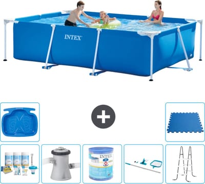 Intex Rechthoekig Frame Zwembad - 300 x 200 x 75 cm - Blauw - Inclusief Onderhoudspakket - Zwembadfilterpomp - Filter - Schoonmaakset - Ladder - Voetenbad - Vloertegels - 8-delig