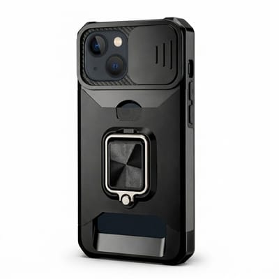 Zwart telefoon hoesje geschikt voor iPhone 13 Mini – robuuste backcover case dames en heren – schokbestendig ontwerp met metalen standaard en kaarthouder