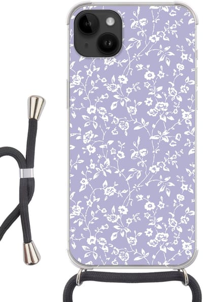 Telefoonhoesje Geschikt voor Apple Iphone 14 Max - Bloemenpatroon - Paars - Wit - Bloemen - Siliconen - Crossbody - Backcover met Koord - Telefoonhoesje met koord - Hoesje met touw Telefoonhoesje