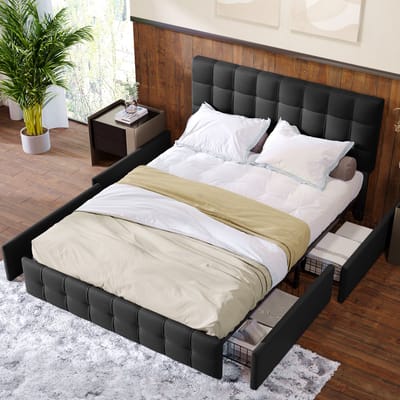 Wishdor Gestoffeerd Bed 140x200 cm – Wafelstiksel Hoofdbord – 4 Lades – Stalen Lattenbodem – Linnen – Zwart