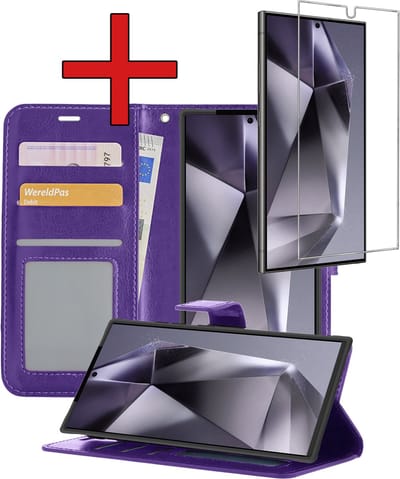 Hoesje - Met Screenprotector - Geschikt voor Samsung Galaxy S24 Ultra - Luxe Pasjeshouder - Flipcase - Bookcase Portemonee - Flip Case - Kunstleer Book Case - Book Cover - Walletcase - Portemonneehoes - Telefoonhoes - Paars