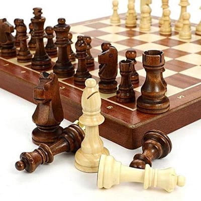 Houten Schaken Set - Schaakspel Bordspel - Familie Entertainment - Handgemaakt Massief Hout - 38.5 cm - Walnoot