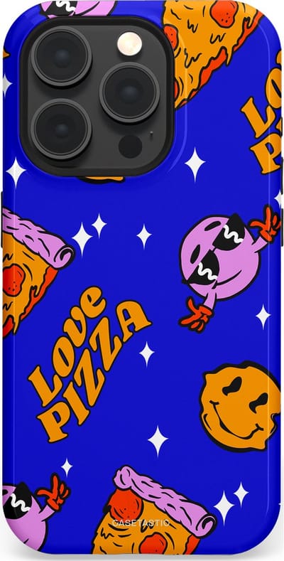 Casetastic hoesje geschikt voor Apple iPhone 15 Pro - MagSafe - Dubbellaagse bescherming - Funky Pizza - Fashion Case - Paars Okergeel Donkerblauw Bruin