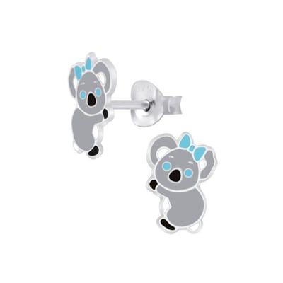 Zilveren oorbellen kinderen - koala met blauwe strik - 925 zilver