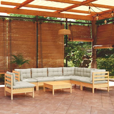 vidaXL - 8-delige - Loungeset - met - crèmekleurige - kussens - massief - grenenhout