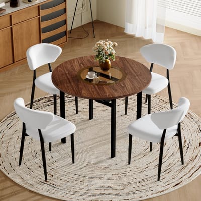 MODENUIT Eethoek 100 cm - Ronde Tafel Met 4 Stoelen - Voor Eetkamer En Keuken - MDF, Glas, Metaal - Wit Bruin