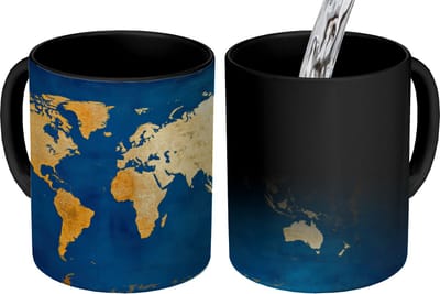 Magische Mok - Foto op Warmte Mokken - Koffiemok - Wereldkaart - Goud - Donkerblauw - Magic Mok - Beker - 350 ML - Theemok