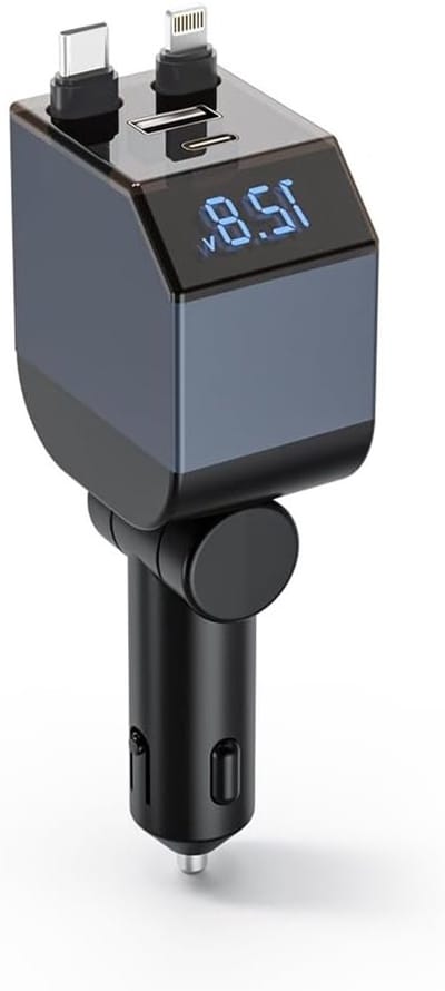 Dual Cable 4-in-1 Snellader voor Auto met Uittrekbare USB en Type C Kabel, Geschikt voor iPhone, Galaxy, Huawei en Meer