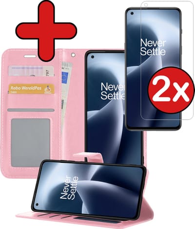 Hoesje - Met 2x Screenprotector - Geschikt voor OnePlus Nord 2T - Luxe Pasjeshouder - Flip Case - Bookcase Portemonee - Kunstleer Book Case - Flipcase Hoes - Book Cover - Walletcase - Portemonneehoes - Telefoonhoes - Lichtroze