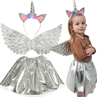 Playos® - Kostuum Eenhoorn - Zilver - met Vleugels en Haarband - 3 tot 6 jaar - Glitters - Kinderen - Verkleedkleding - Halloween - Carnaval