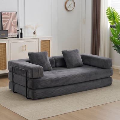 Multifunctionele corduroy slaapbank–vast frame–met 2 kussens en armleuningen–comfortabel 2-in-1 ontwerp – geschikt voor 2 personen – te gebruiken als logeerbed, bank en ligstoel – ideaal voor woonkamer, appartement en kleine ruimtes–donkergrijs