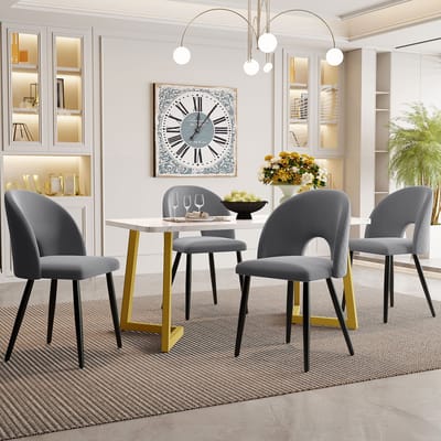 Sweiko Eettafel Set, 117×68cm Eettafel met 4 Stoelen, Rechthoekige Eettafel Moderne Keuken Tafelset, Fluweel Eetstoel met Diamant Patroon, Verstelbare Stoelboten, Grijs Fluweel, Gouden Tafelpoten