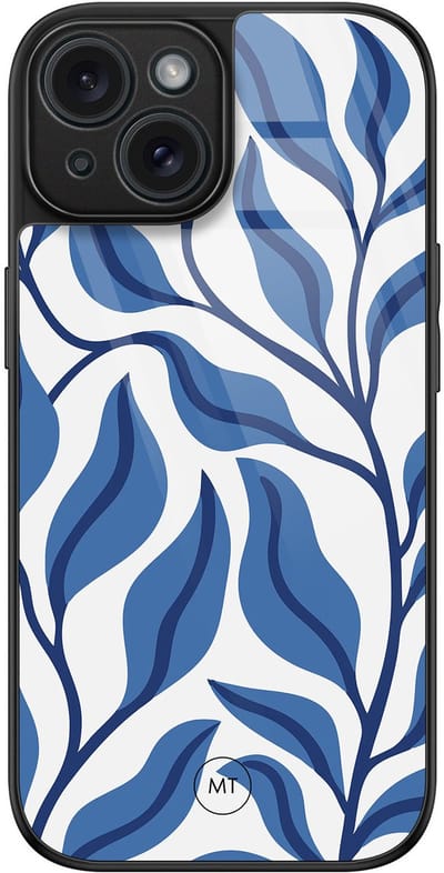 Hoesje geschikt voor iPhone 15 - Blue leaves - Luxe Hard Case - Print - Blauw - Mooie Telefoonhoesjes
