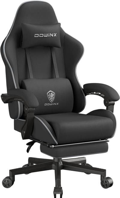 Dowinx Verstelbare Ergonomische Gamestoel met Voetsteun - Bureaustoel met Pocketvering - Gaming Chair van Stof - Hoofdsteun - 150 kg - Zwart