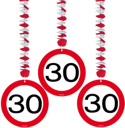 Verjaardag versiering rotorspiralen - 30 jaar - 3x - plafond - verkeersborden / leeftijd decoratie